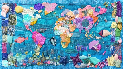 Naklejka premium A colorful textile world map featuring sea life and vibrant patterns.