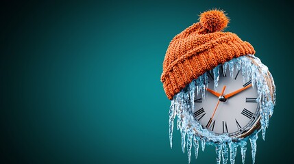 A frozen clock adorned with an orange beanie, dripping with icicles, symbolizes the passage of time in winter.