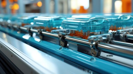 A Close-Up of a Conveyor Belt System with Rows of Transparent Blue Components in an Automated Manufacturing Facility