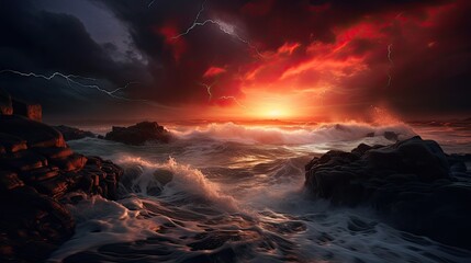 Create a dramatic scene of a stormy red sky with swirling clouds and lightning, set over a rugged...