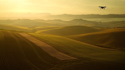 Fototapeta premium Drone Flying Over Rolling Hills at Sunset