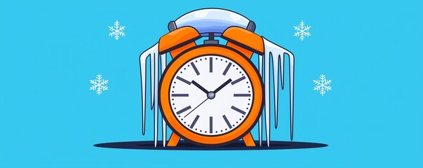 A cartoon alarm clock covered in ice, set against a light blue background, evokes a sense of winter chill and urgency.