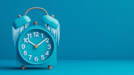 A turquoise alarm clock with icicles hanging from its bells showcases a playful blend of time and winter themes against a matching background.