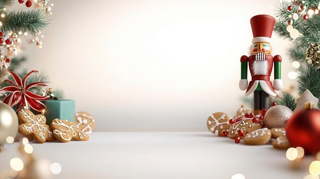 Christmas Nutcracker frame with gingerbread cookies and sparkling lights, festive design, 3D illustration