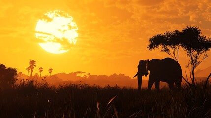 Naklejka premium Silhouette of African animals roaming across scenic safari plains image