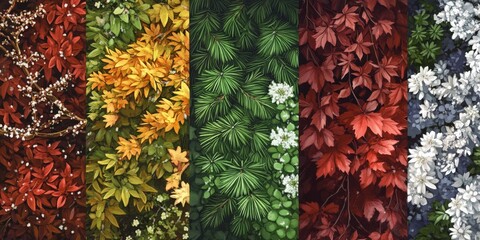 Seasonal transition captured in vibrant plant textures, showcasing colors from autumn to winter