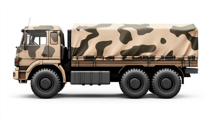 Obraz premium Side view of a camouflaged military transport truck on a plain white background, showcasing its rugged design and utility.