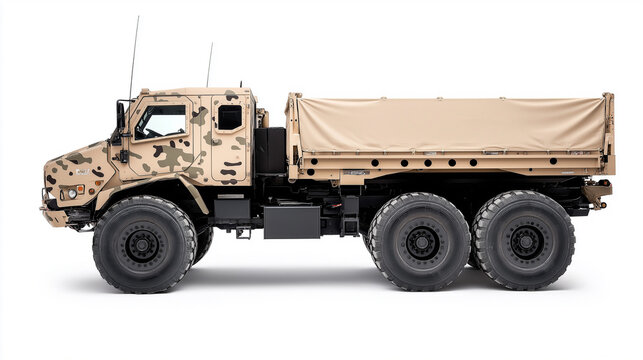 Side view of a camouflaged military transport truck on a plain white background, showcasing its rugged design and utility.