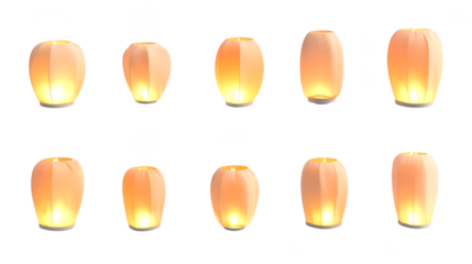 Set of beautiful floating lanterns, orange glow isolate on transparent background, png, cutout
