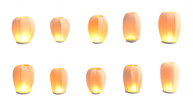 Set of beautiful floating lanterns, orange glow isolate on transparent background, png, cutout