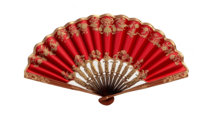 Traditional red decorative fan with intricate gold patterns isolate on transparent background, png, cutout