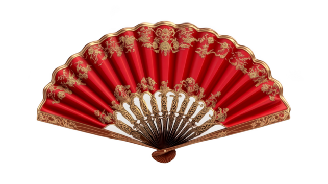 Traditional red decorative fan with intricate gold patterns isolate on transparent background, png, cutout