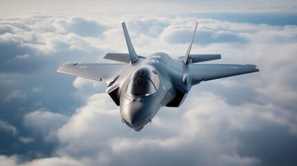 Futuristic Fighter Jet Flying Above Cloud Layer in Bright Sky