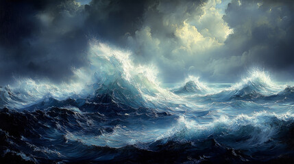 Abstract impression of waves crashing in shades of midnight blue and white: Strong, contrasting strokes give the illusion of waves crashing, with dark blues and whites creating a d