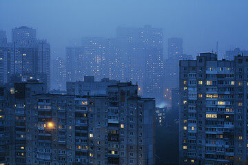 A city skyline at dusk, shrouded in fog. Tall residential buildings with illuminated windows create a moody atmosphere. The scene is characterized by a blue hue, enhancing the mysterious feel