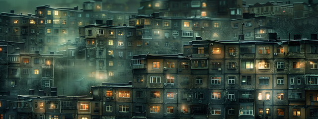 Obraz premium A dense urban landscape at night, featuring a cluster of high-rise apartment buildings. Many windows are illuminated, creating a warm glow against the dark, misty atmosphere. 