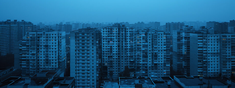 A panoramic view of a city skyline at dusk, featuring numerous high-rise apartment buildings. The scene is illuminated by a soft blue hue, creating a calm and serene atmosphere. 