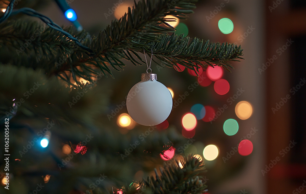 Poster a white ornament hangs on a christmas tree branch with colorful lights in the background, creating a