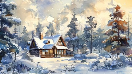 Naklejka premium house in winter forest watercolor illustration.