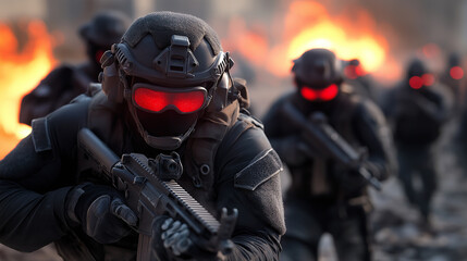 Fototapeta premium Futuristic Soldiers with Red Visors Advancing Through Fire and Smoke