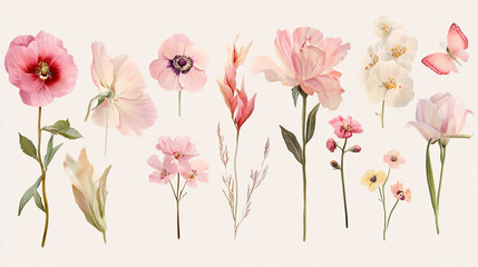 A group of pink flowers on a white background. Ideal for floral designs,  hyacinth, ranunculus on a white background. High quality illustration.