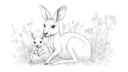 Mother Kangaroo and Joey in Grassy Field. Coloring book illustration.