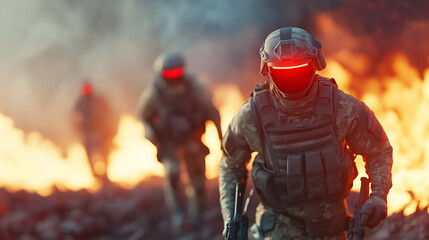 Naklejka premium Futuristic Soldiers with Red Visors Advancing Through Fire and Smoke