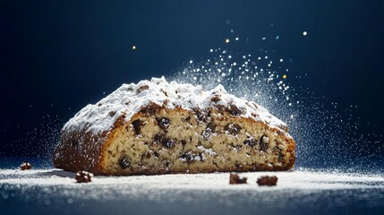 Traditional Stollen with powdered sugar topping, isolated on a midnight blue background with holiday sparkles