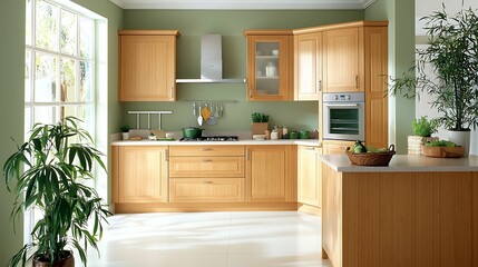 Fototapeta premium Spacious kitchen featuring natural wooden cabinets, green walls, and large windows, creating a warm, inviting atmosphere with natural light and plants.