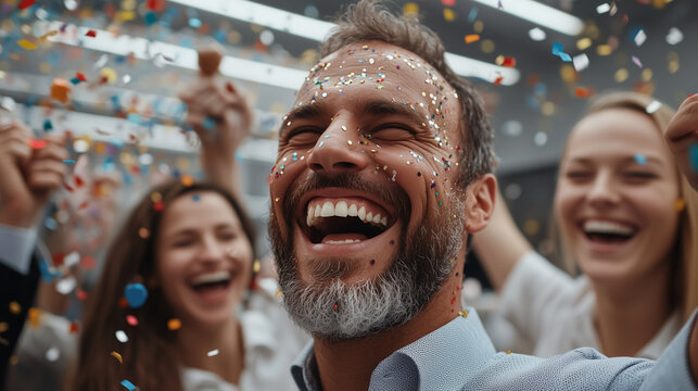 Happy diverse team of employees celebrating business success with confetti in an energetic office environment