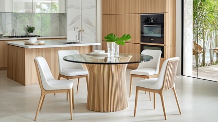 Elegant dining space featuring a glass round table with a sculpted wooden base, surrounded by white chairs, within a bright and stylish kitchen with natural decor.
