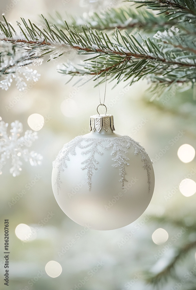 Poster a white christmas ornament with a snowflake design hangs from a pine branch, dusted with snow, creat