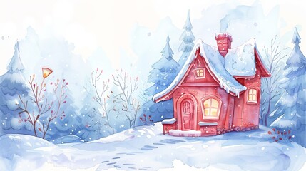 Fototapeta premium house in winter forest watercolor illustration.