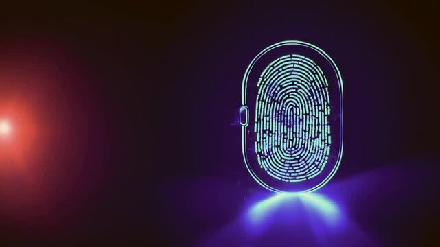 A glowing fingerprint design representing biometric technology and digital security.