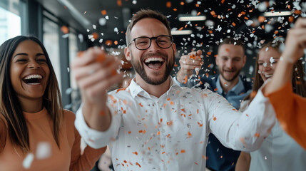 Joyful employees throwing confetti to celebrate a business achievement, diverse group in a modern office