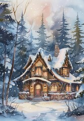 Fototapeta premium house in winter forest watercolor illustration.
