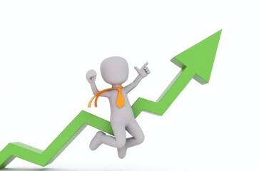 3d man red arrow success chart on white background.