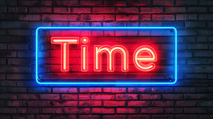 Obraz premium Red Neon Sign Time Brick Wall Background