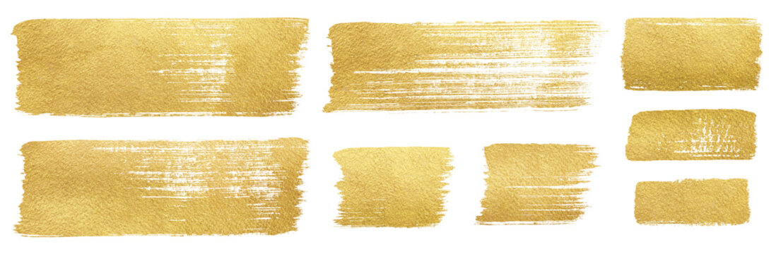 Golden foil brush strokes, brushstroke rectangle shapes, smears, wide rough stripes set. Hand drawn creative textured text backgrounds, gold painted graphic design elements. Frame, banner templates.