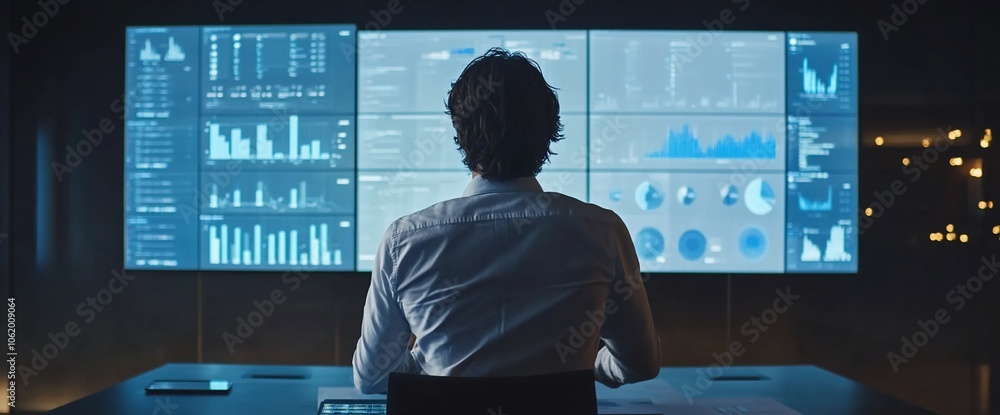 Poster a businessman analyzes data on a large monitor in a dimly lit office.