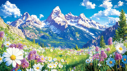 Fototapeta premium Majestic snow-capped mountains rise above a vibrant meadow of blooming wildflowers under a bright blue sky.