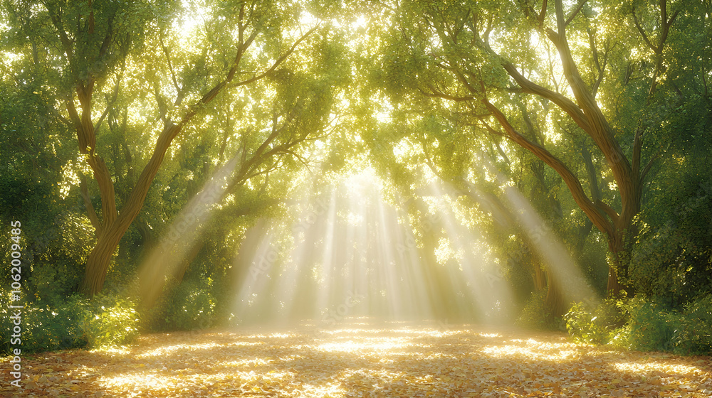 Poster sunbeams stream through the trees in a forest path.