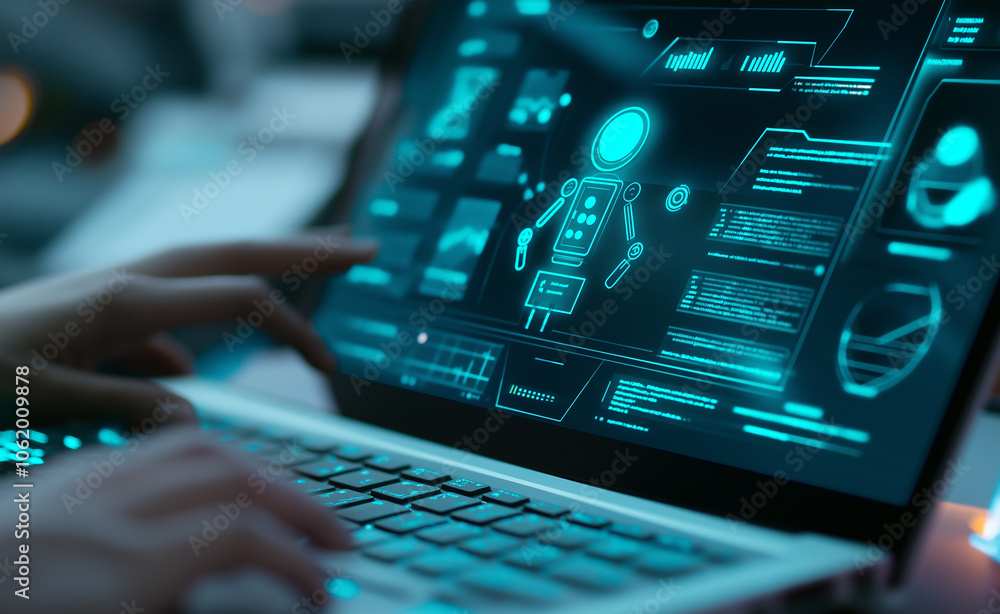 Poster close-up of a person working on a laptop with a futuristic blue interface showing robot schematics a
