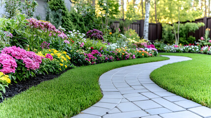 Winding stone path through a lush, colorful flower garden with green grass.