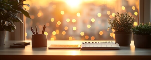 Professional desk calendar on a sleek table with a warm bokeh background, emphasizing productivity and business meetings