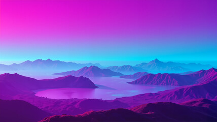 Obraz premium Retro Synthwave Mountain Landscape in Pink and Blue Neon Gradients