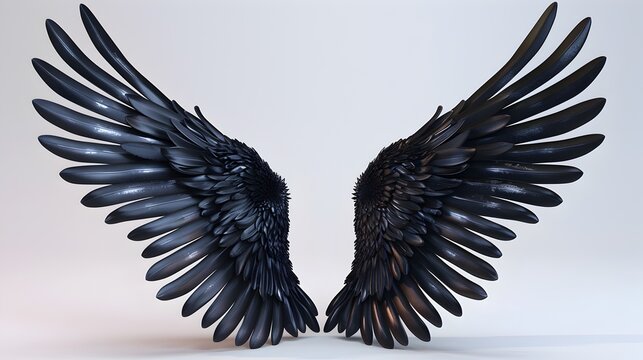 The wings of a black bird are shown in detail, with the feathers looking sharp