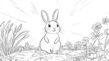 A Cute Bunny Standing Among Flowers and Grass. Coloring book illustration.