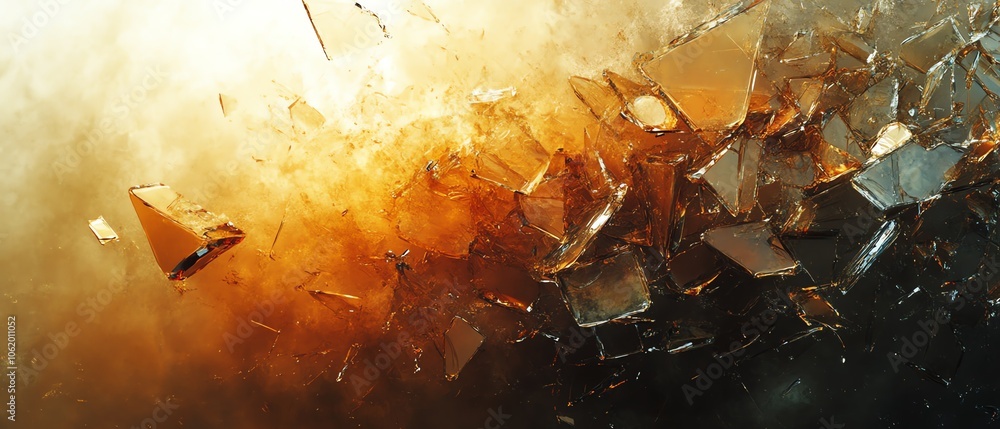 Poster artistic panoramic representation of glass broken into shards, with an abstract futuristic texture, 