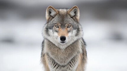 Obraz premium Grey wolf standing alert in snowy landscape, piercing eyes and thick winter fur 